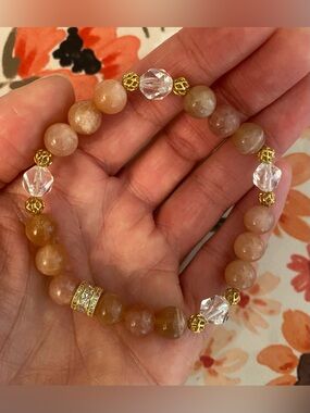 Gold-Tone Peach Moonstone Beaded Stretch Bracelet